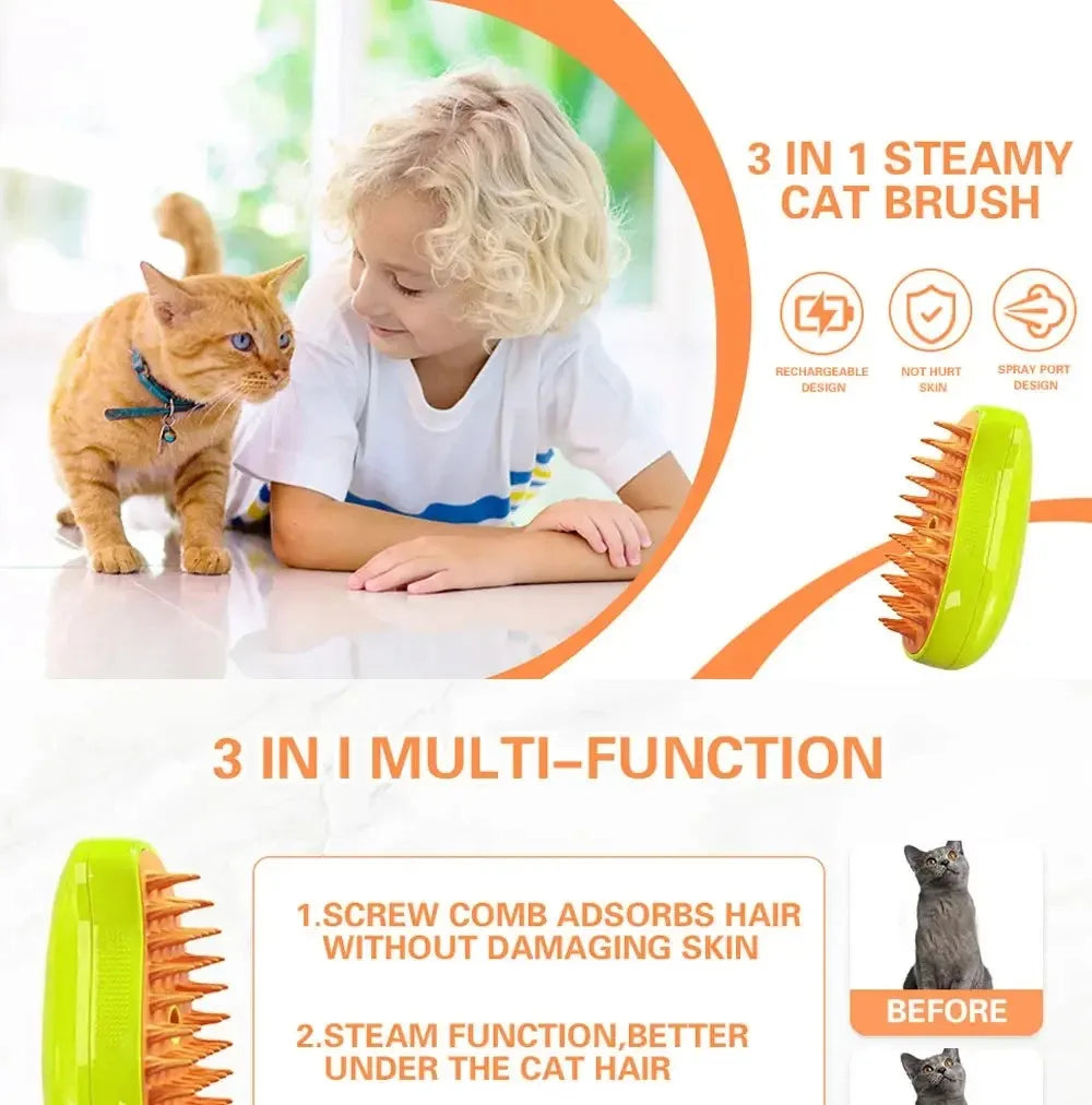 3-in-1 Electric Steam Pet Grooming Brush – Spray, Deshed & Massage Comb