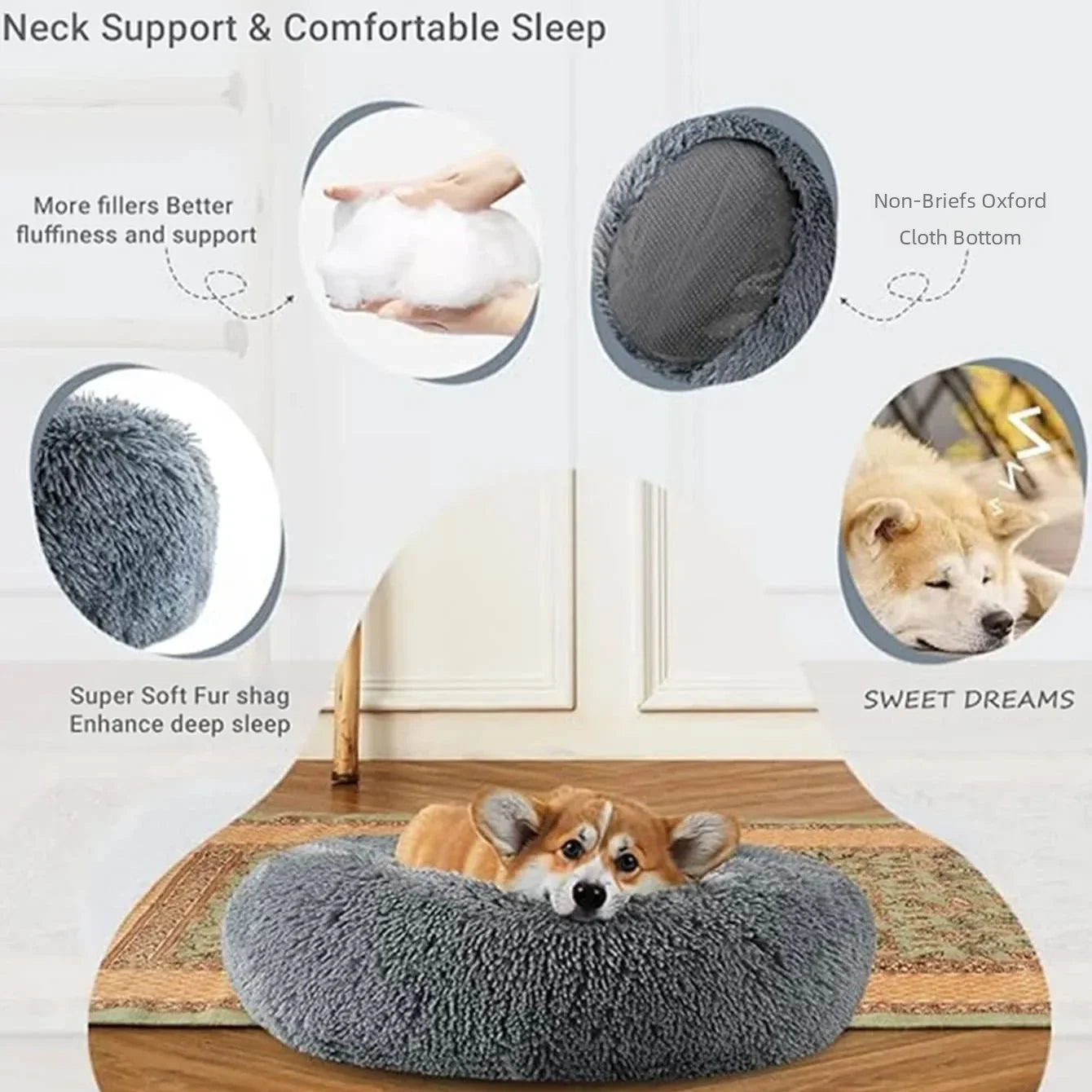 Round Plush Pet Bed (40–90cm, Multiple Sizes)