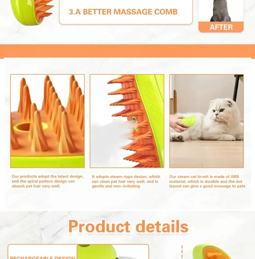 3-in-1 Electric Steam Pet Grooming Brush – Spray, Deshed & Massage Comb