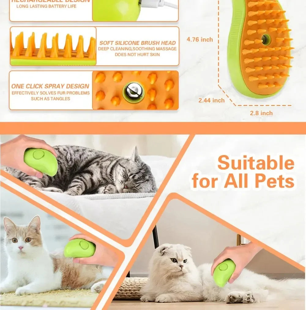 3-in-1 Electric Steam Pet Grooming Brush – Spray, Deshed & Massage Comb