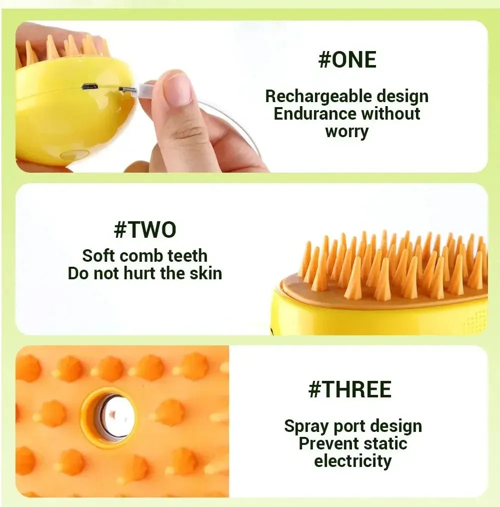 3-in-1 Electric Steam Pet Grooming Brush – Spray, Deshed & Massage Comb
