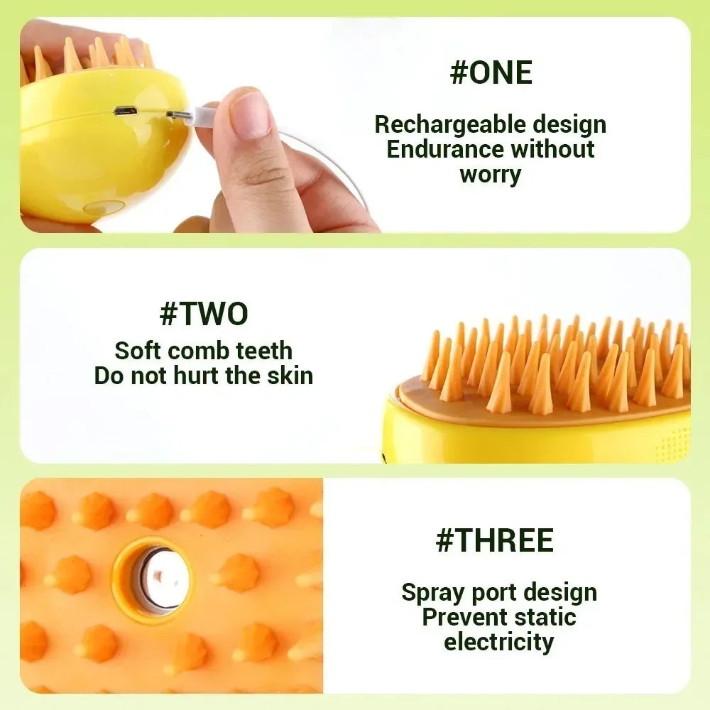 3-in-1 Electric Steam Pet Grooming Brush – Spray, Deshed & Massage Comb